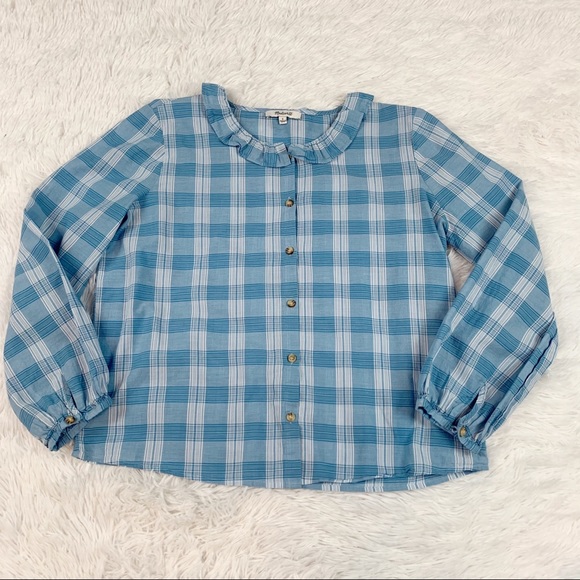 Madewell Ruffle-Neck Top in Colwell Plaid long sleeves  button front blue - Picture 3 of 10